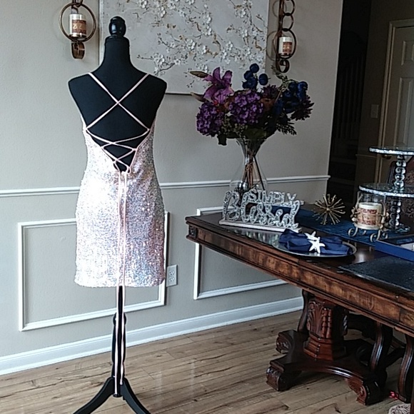 Eilly Bazar Embellished Light Pink Cocktail Mini Dress Size L - Picture 10 of 17